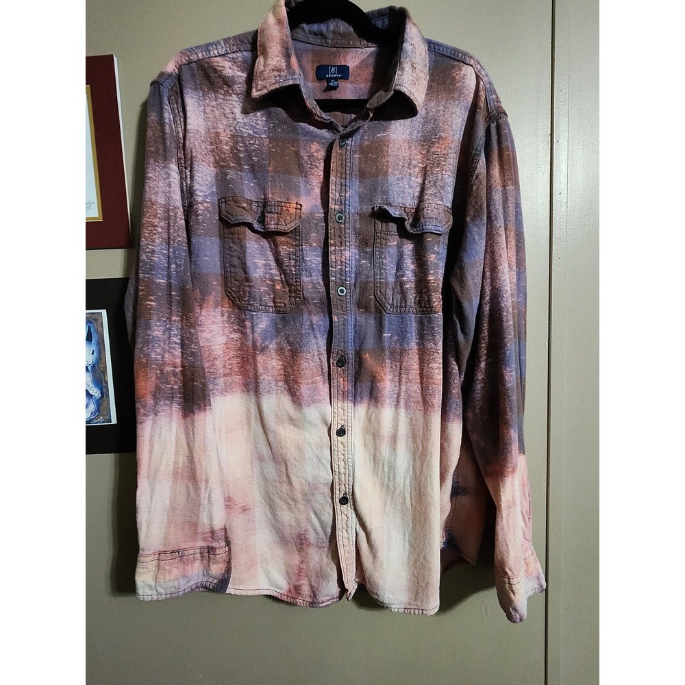 George Upcycled Bleached Plaid‎ Button Down Shirt XL Pink Purple
